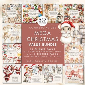 Christmas Clipart Mega BUNDLE, Commercial Use, Transparent PNG Xmas Clip Art & JPG Background Textures, Festive Design Watercolor Graphics