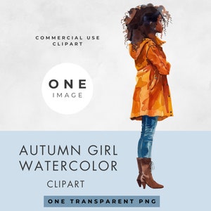 Clipart jeune femme, fille automne aquarelle, IMAGE UNIQUE, usage commercial, PNG transparent, aquarelle, cheveux afro, téléchargement numérique instantané