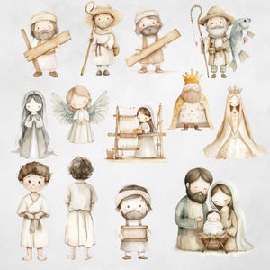 Puede incluir: Ilustraci&oacute;n acuarela de una escena de la Natividad con varios personajes, entre ellos Mar&iacute;a, Jos&eacute;, el ni&ntilde;o Jes&uacute;s, pastores, &aacute;ngeles y magos. Los personajes est&aacute;n representados en un estilo caprichoso con colores suaves y detalles delicados.