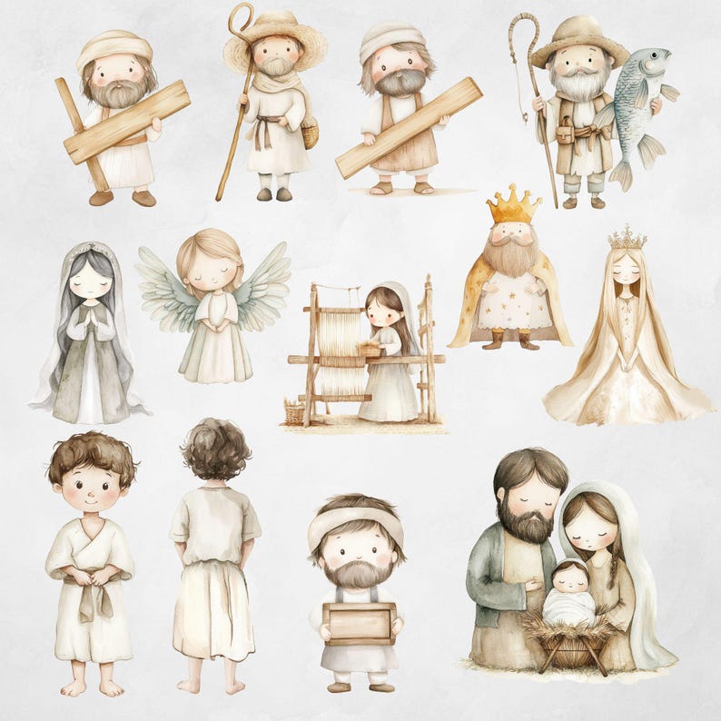 Puede incluir: Ilustraci&oacute;n acuarela de una escena de la Natividad con varios personajes, entre ellos Mar&iacute;a, Jos&eacute;, el ni&ntilde;o Jes&uacute;s, pastores, &aacute;ngeles y magos. Los personajes est&aacute;n representados en un estilo caprichoso con colores suaves y detalles delicados.