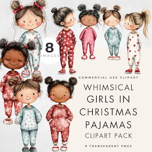 Clipart di ragazze in pigiama natalizio, uso commerciale, PNG trasparente, migliori amiche in pigiama, illustrazione di cartoni animati di libri di fiabe, bambini stravaganti