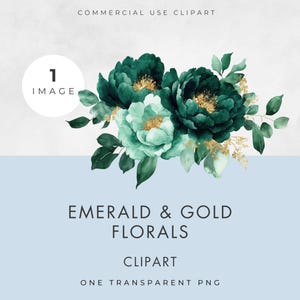 Imágenes prediseñadas florales en esmeralda y oro, IMAGEN ÚNICA, Uso comercial, PNG transparente, Flores verdes en acuarela, Ramo, Vegetación, Diseño de boda