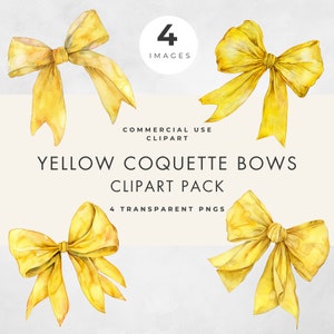 Yellow Bows Clipart, 4 Images, Commercial Use, Transparent PNG, Coquette, Baby & Bridal Shower, Birthday, Wedding, Ribbon, Digital Download