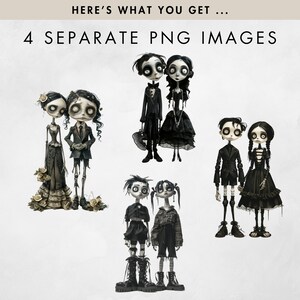 K&ouml;nnte beinhalten: Vier digitale Illustrationen von Paaren in gotischer Kleidung. Die Paare sind alle in Schwarzwei&szlig; gehalten, mit Ausnahme eines Paares, das einen Hauch von Gelb in seiner Kleidung tr&auml;gt. Die Illustrationen sind im Cartoon-Stil gehalten und haben einen verspielten Charakter.