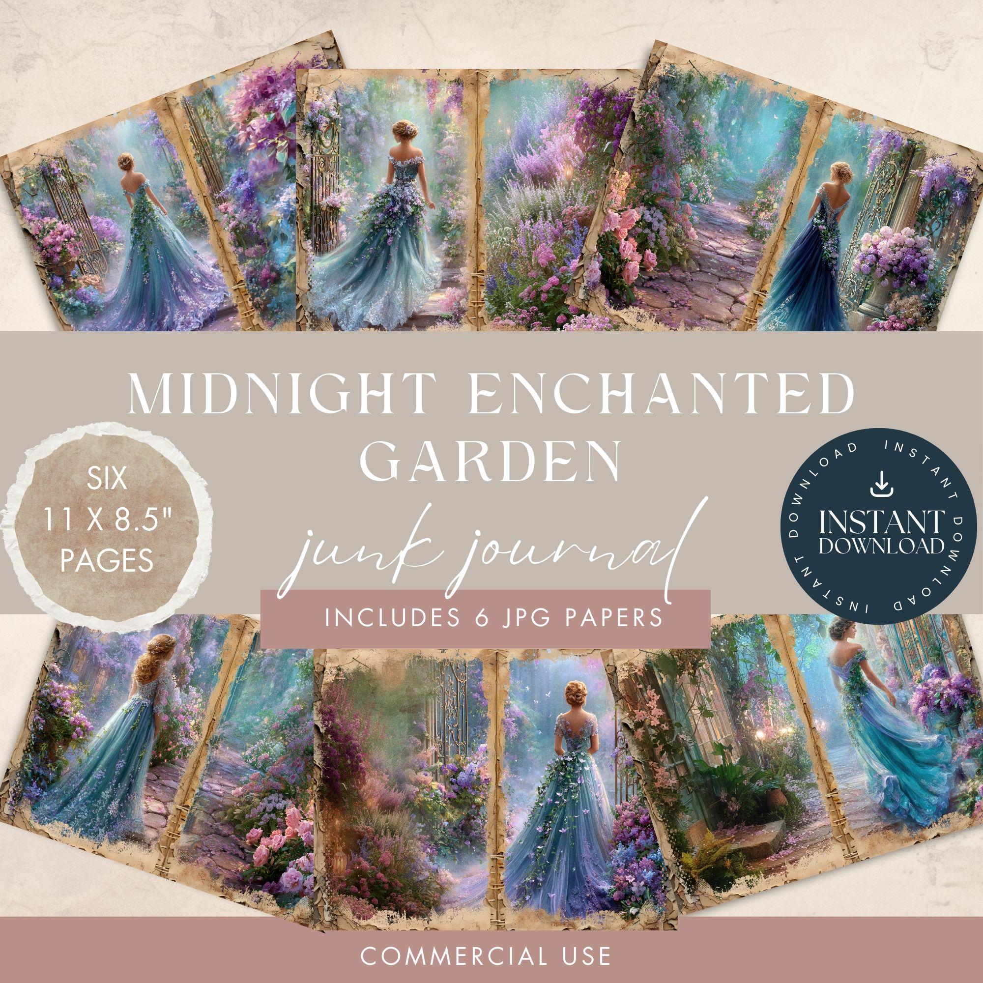Midnight Garden Junk Journal Pages – 6 Digital Papers, 11x8.5” JPG
