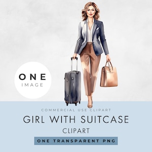 Chica con maleta, imagen única, licencia comercial, PNG transparente, acuarela, mujer de viaje, mujer de negocios con bolsa de mano