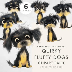 Quirky Dogs Clipart, 6 IMAGES, Commercial Use, Transparent PNGs, Funny Dog Clip Art, Watercolor, Cartoon Cute Fluffy Puppy, Instant Download