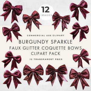 Bourgogne Sparkle Coquette Bow Clipart, usage commercial, PNG transparents, fausses paillettes, Noël, anniversaire, dessins de fête du nouvel an, festif