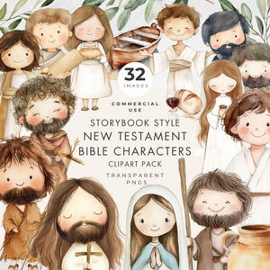 Puede incluir: Un conjunto de 32 imágenes de personajes bíblicos del Nuevo Testamento, estilo cuento. Las ilustraciones presentan varias figuras con colores suaves y expresiones amables, incluyendo a Jesús y María. Pack de imágenes PNG transparentes.