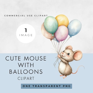 Maus und Luftballons Clipart, EINZELBILD, kommerzielle Lizenz, transparente PNG, Aquarell, Geburtstagsfeier, Babyparty, Sofort-Download