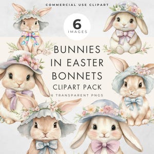Whimsical Easter Bunny Clipart, 6 Images, Commercial Use, Transparent PNGs, Easter Bonnet Cute Rabbits, Coquette Girl Bunny, Card Making