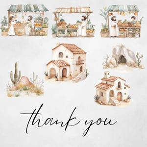 Puede incluir: Ilustraciones de acuarela de un paisaje des&eacute;rtico con una cueva, dos casas peque&ntilde;as y tres puestos de mercado con personas vendiendo productos. El texto "gracias" est&aacute; escrito en cursiva negra en la parte inferior de la imagen.