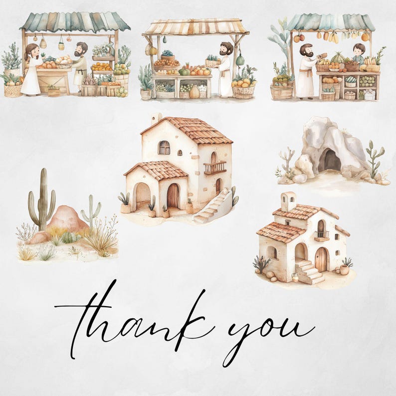 Puede incluir: Ilustraciones de acuarela de un paisaje des&eacute;rtico con una cueva, dos casas peque&ntilde;as y tres puestos de mercado con personas vendiendo productos. El texto "gracias" est&aacute; escrito en cursiva negra en la parte inferior de la imagen.