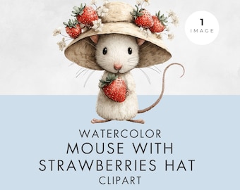 Mouse and Strawberry Hat Clipart – Woodland Animal PNG Illustration for Commercial Use