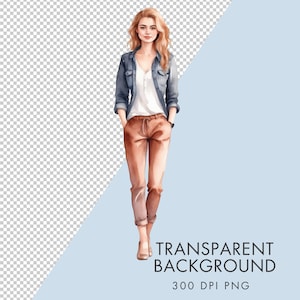 Young Lady Clipart, IMAGEN ÚNICA, Uso comercial, PNG transparente, Acuarela, Chica moderna, Ropa casual de mujer, Descarga digital instantánea
