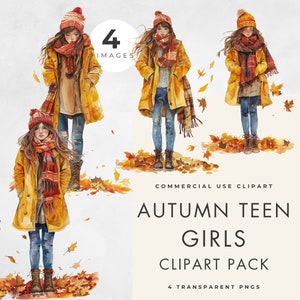 Teenager Mädchen, Herbst Teenager, 4 BILDER, kommerzielle Nutzung, transparente PNG, Blätter, windiger Herbst, Aquarell trendige junge Frauen, sofort Download
