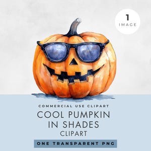 Op de afbeelding: Een aquarel-illustratie van een glimlachende oranje pompoen met een zwarte zonnebril. De pompoen heeft een gesneden jack-o'-lantern gezicht. De afbeelding is gelabeld "Cool Pumpkin in Shades Clipart".