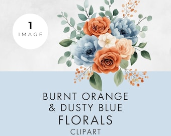 Burnt Orange & Dusty Blue Floral Clipart, SINGLE IMAGE, Commercial Use, Transparent PNG, Watercolor Flowers, Eucalyptus, Wedding Design