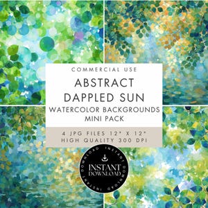 May include: A digital art pack with four watercolour backgrounds. The abstract design features a dappled sun effect, with green, blue, and yellow hues, and a focus on foliage and natural light. The pack includes 4 JPG files, each 30.48 cm x 30.48 cm at 300 DPI.