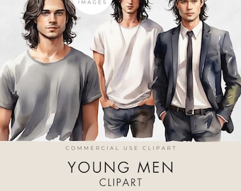 Young Men Clipart, 3 IMAGES, Commercial License, Transparent PNG, Watercolor, Cool Man, Long Hair,  Handsome Male, Instant Download