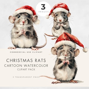 Lustige Weihnachtsratte Clipart, kommerzielle Nutzung, transparente PNG, niedliche Tierillustrationen, Aquarell Clip Art, Kinderzimmer, festliche Kartenherstellung