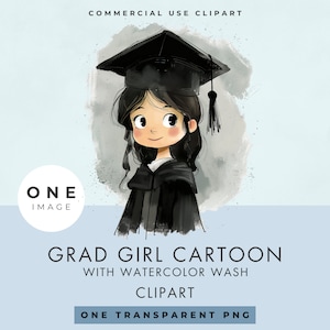 Graduation Girl Clipart, SINGLE IMAGE, Commercial Use, Transparent PNG, Cartoon, Watercolor Wash, Illustration, Whimsical,  Instant Download