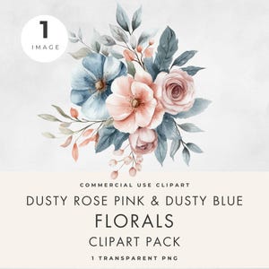 Stoffig roze en blauwe bloemen Clipart, ENKELE AFBEELDING, commercieel gebruik, transparante PNG, aquarel, boeket zomerbloemen, blozen, Instant Download