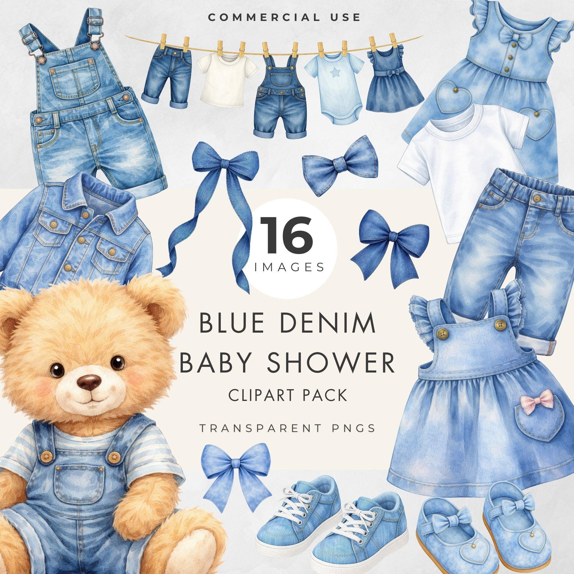 Blue Jean Baby Clipart Set – Denim Baby Shower, Watercolor, Transparent ...