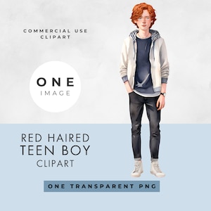 Teen Boy Clipart, ENKELE AFBEELDING, licentie voor commercieel gebruik, transparante PNG, aquarel, tiener, jonge man rood haar, instant digitale download