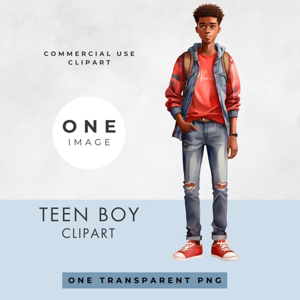 Teen Boy Clipart, SINGLE IMAGE, Commercial Use License, Transparent PNG, Watercolor, Teenager, Afro Hair Young Man, Instant Digital Download