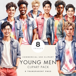 Clipart jonge mannen, 8 BEELDEN, commercieel gebruik, transparante png's, coole zomer aquarel jongens, multi race, mode-illustraties, Instant Download