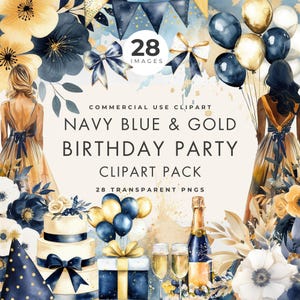 Clipart de fiesta de cumpleaños, clip art de acuarela azul marino y dorado, uso comercial, PNG transparentes, diseños de álbumes de recortes, tarjetas e invitaciones