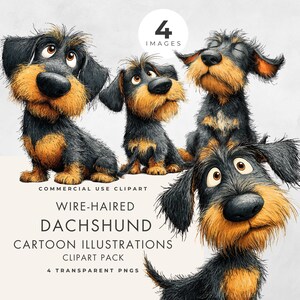 May include: A digital illustration featuring four cartoon wire-haired dachshunds. The dogs have black and tan fur, with expressive eyes and whimsical poses. Text includes "WIRE-HAIRED DACHSHUND CARTOON ILLUSTRATIONS CLIPART PACK" and "4 TRANSPARENT PNGS".