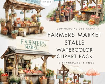 Farmers Market Stall Clipart: Rustic Watercolor Transparent PNG (Commercial Use) Digital Download