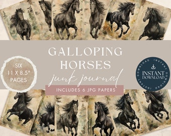 May include: Six digital papers featuring black horses galloping through a forest. The papers are designed for use in junk journals and are 11 inches by 8.5 inches.