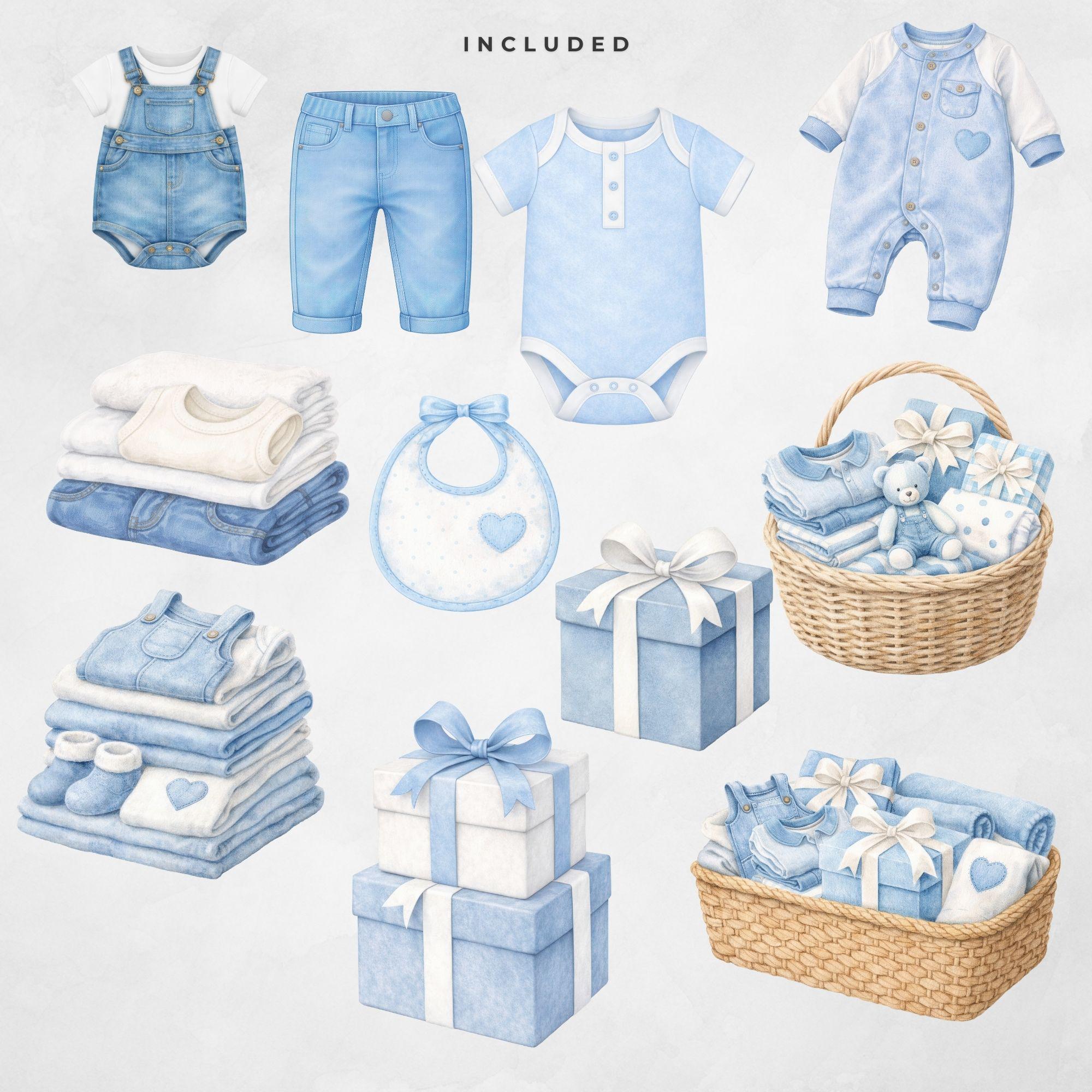Blue Jean Baby Nursery Clipart Bundle, Watercolor Transparent PNG & JPG ...