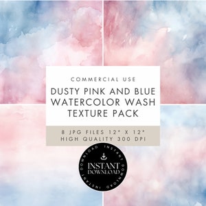 Watercolor Texture Digital Papers, Dusty Blue and Pink Mix Washes Backgrounds, JPG INSTANT DOWNLOAD, Scrapbooking, Invites, Junk Journal