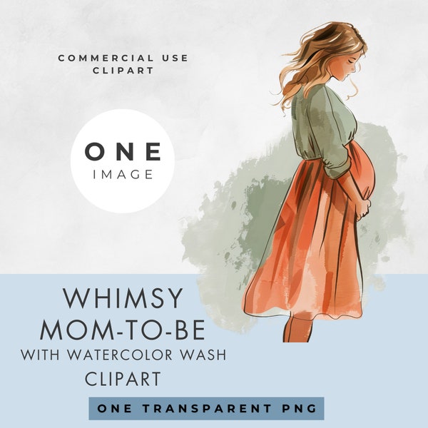 Whimsy Mom-To-Be Clipart, SINGLE IMAGE, Commercial Use, Transparent PNG, Whimsical, Watercolor Wash, Expectant Mum, Instant Download