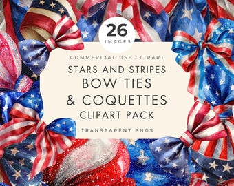 Patriotic Bow Clipart: 4th of July PNGs, Stars & Stripes (Digital Download) Commercial Use.
