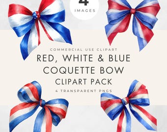 Red White & Blue Coquette Bow Clipart: Patriotic Transparent PNG Graphics (Commercial Use, Digital Download)