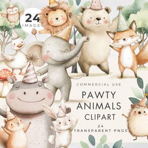 Clipart aquarelle de fêtards mignons, tout usage commercial, PNG transparents, baby shower et clipart anniversaire enfants, éléphant hérisson Lion hippopotame