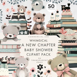Gestapelde boeken clipart, commercieel gebruik, transparante pngs, nieuw hoofdstuk baby shower illustraties, teddybeer, babymuts schoenen, verhalenboek kinderkamer kunst