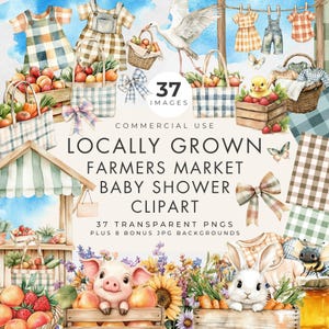 Clipart cultivé localement, usage commercial, baby shower, 37 PNG transparents + 8 JPG Vichy arrière-plans, frais du marché, marché de producteurs
