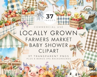 Locally Grown Clipart, Commercial Use, Baby Shower 37 Transparent PNG + 8 JPG Gingham Backgrounds, Fresh Off The Market, Farmers Market