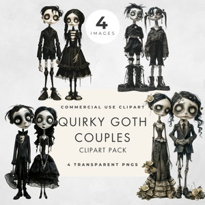 K&ouml;nnte beinhalten: Vier digitale Illustrationen von Goth-Paaren. Jedes Paar ist in einem anderen Stil dargestellt, wobei die Figuren schwarze Kleidung und Accessoires tragen. Die Illustrationen sind im Cartoon-Stil gehalten und haben einen skurrilen Charakter.