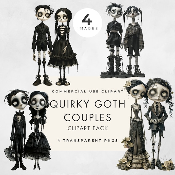 Quirky Gothic Couples Clipart, Whimsical Characters, 4 IMAGES, Commercial Use, Transparent PNG, Goth Wedding, Engagement, Junk Journal