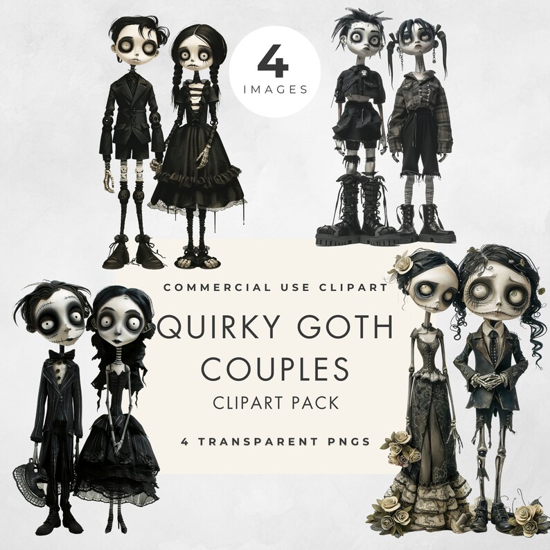 K&ouml;nnte beinhalten: Vier digitale Illustrationen von Goth-Paaren. Jedes Paar ist in einem anderen Stil dargestellt, wobei die Figuren schwarze Kleidung und Accessoires tragen. Die Illustrationen sind im Cartoon-Stil gehalten und haben einen skurrilen Charakter.
