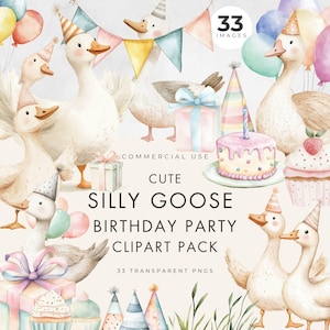 Silly Goose Clipart, Uso comercial, PNGs transparentes, Festa de primeiro aniversário infantil fofa, Um ano, Balões aquarela caprichosa, Decoração de berçário