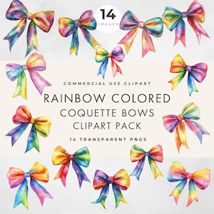 Rainbow Colors Coquette Bow Clipart, Commercial Use, Transparent PNG, Watercolor, Sparkle, Christmas, Birthday & New Year Party Design