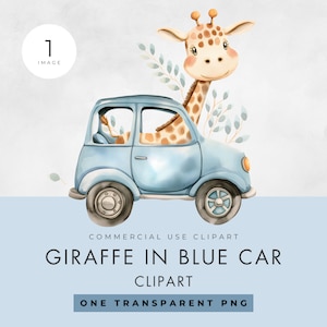 Giraffe in blauwe auto clipart, ENKELE AFBEELDING, commerciële licentie, transparante png, safari dier, babyshower afbeelding, kunst aan de muur kinderkamer